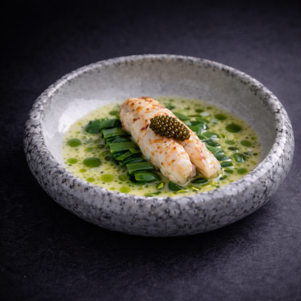 Langoustine in kruidenbouillon met kaviar