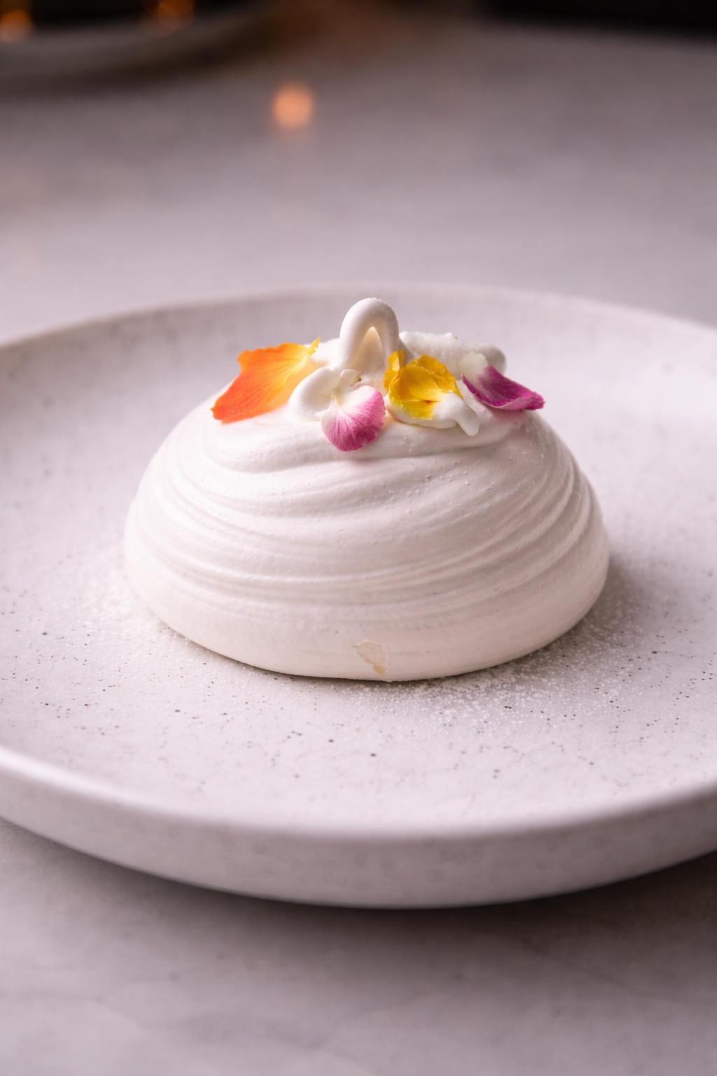 Meringue with blackberry compote and chantilly