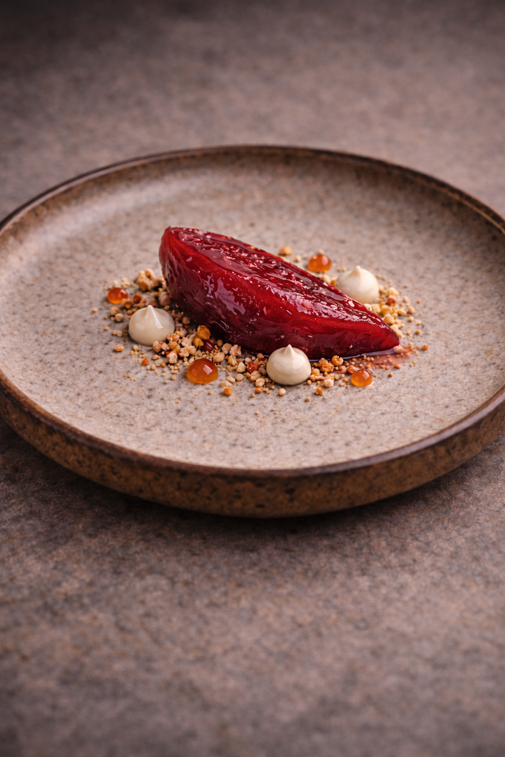 Baked quince with blood orange gel and tonka cream