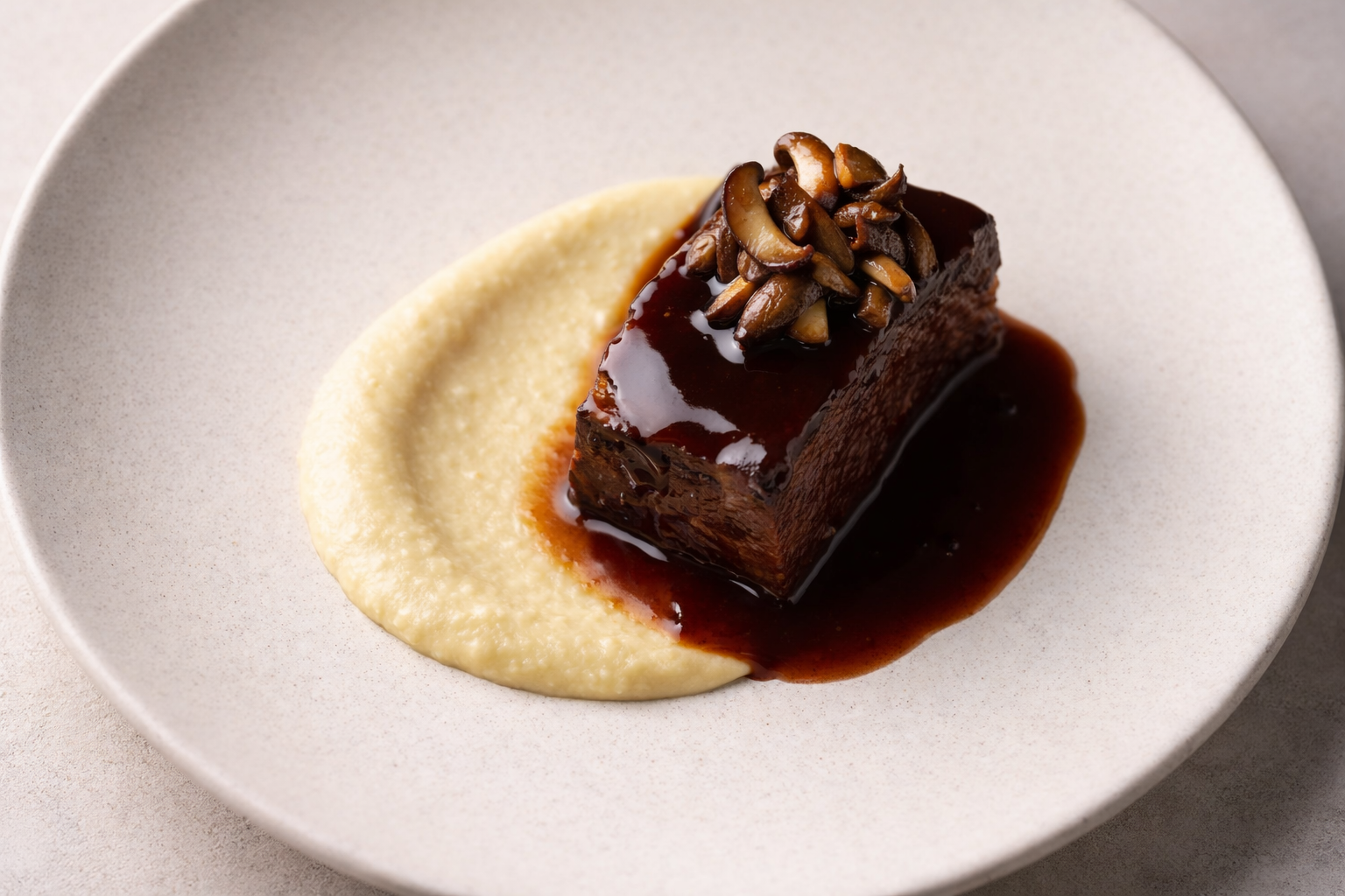 Short rib met gebrande maïscrème en shiitake